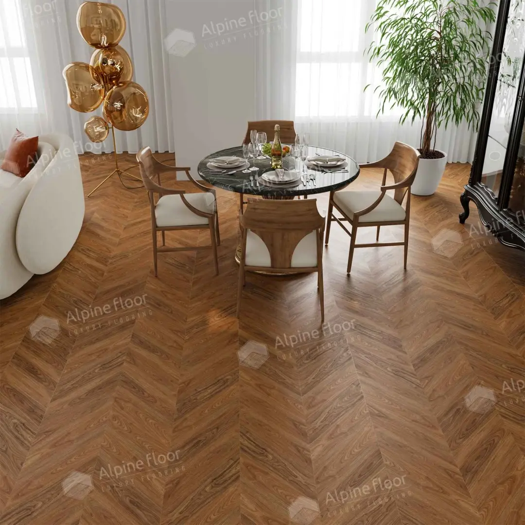 Кварцвиниловый SPC ламинат Alpine Floor Chevron Alpine Орех Нойер ECO 18-22 французская елка 600×127×5 фото в интерьере